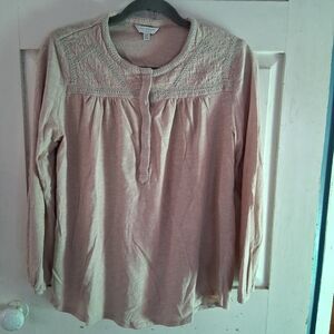 Lucky Brand Tan Button Front Pullover Boho Blouse with Embroidered Details